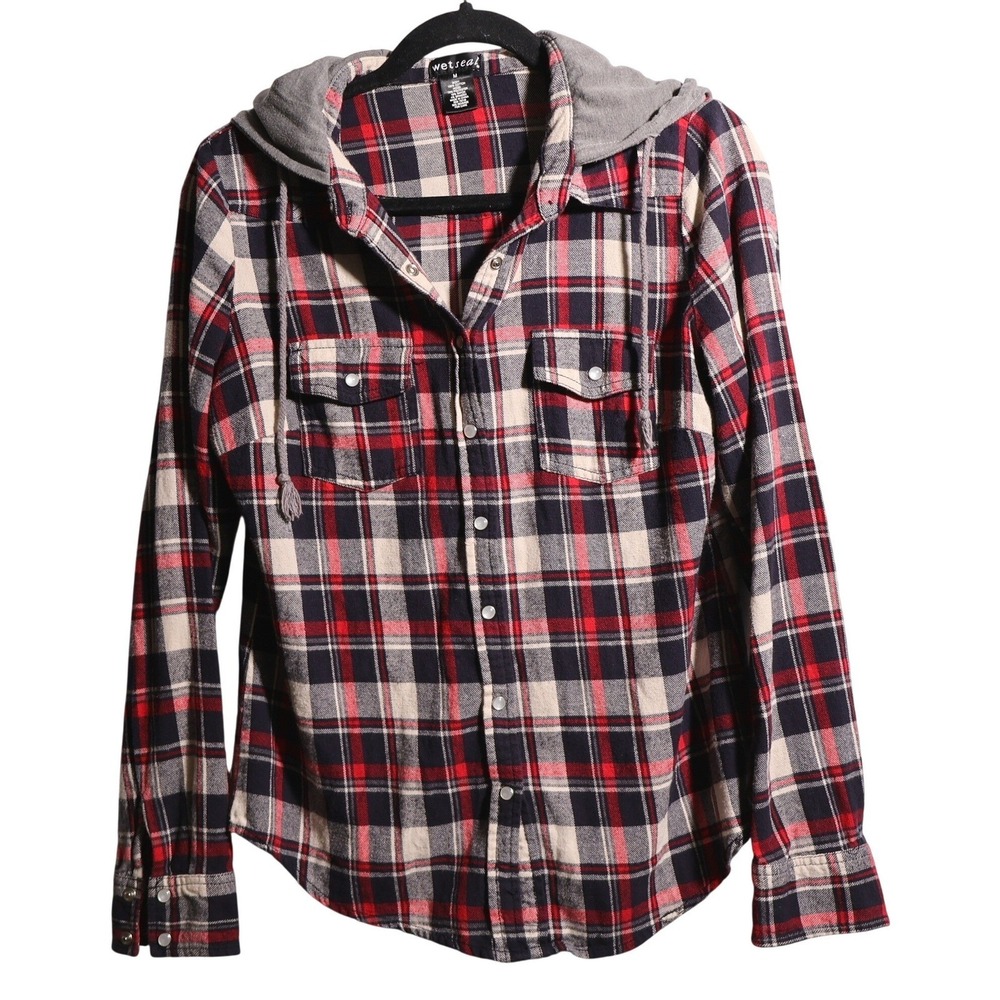 Wet Seal Red Plaid Pearl Snap Hooded Shirt Jacket M Grunge Y2K Bella Swan 2000s